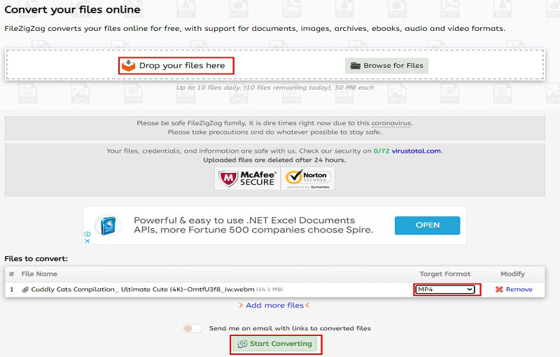 convert videos to mp4 online with filezigzag